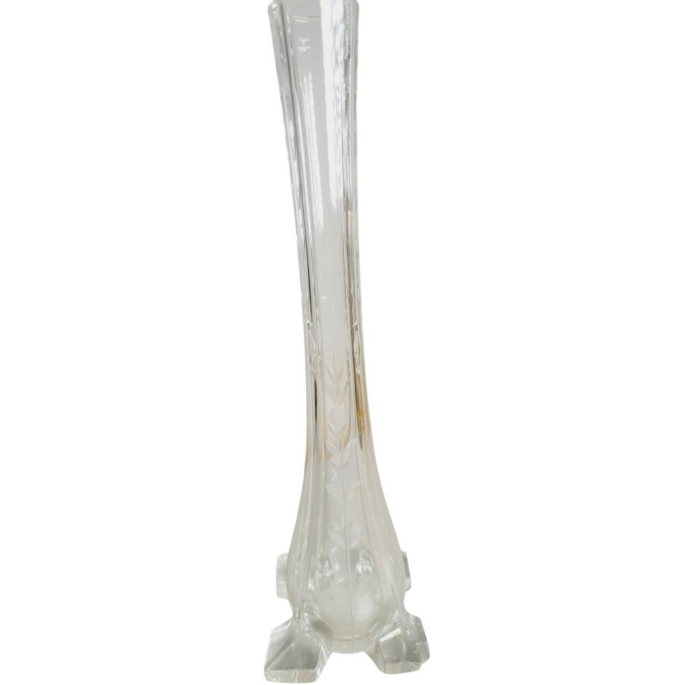 Vintage 1920's Bud Vase Etched Flowers in Clear Glass Footed 9.5" Belgium